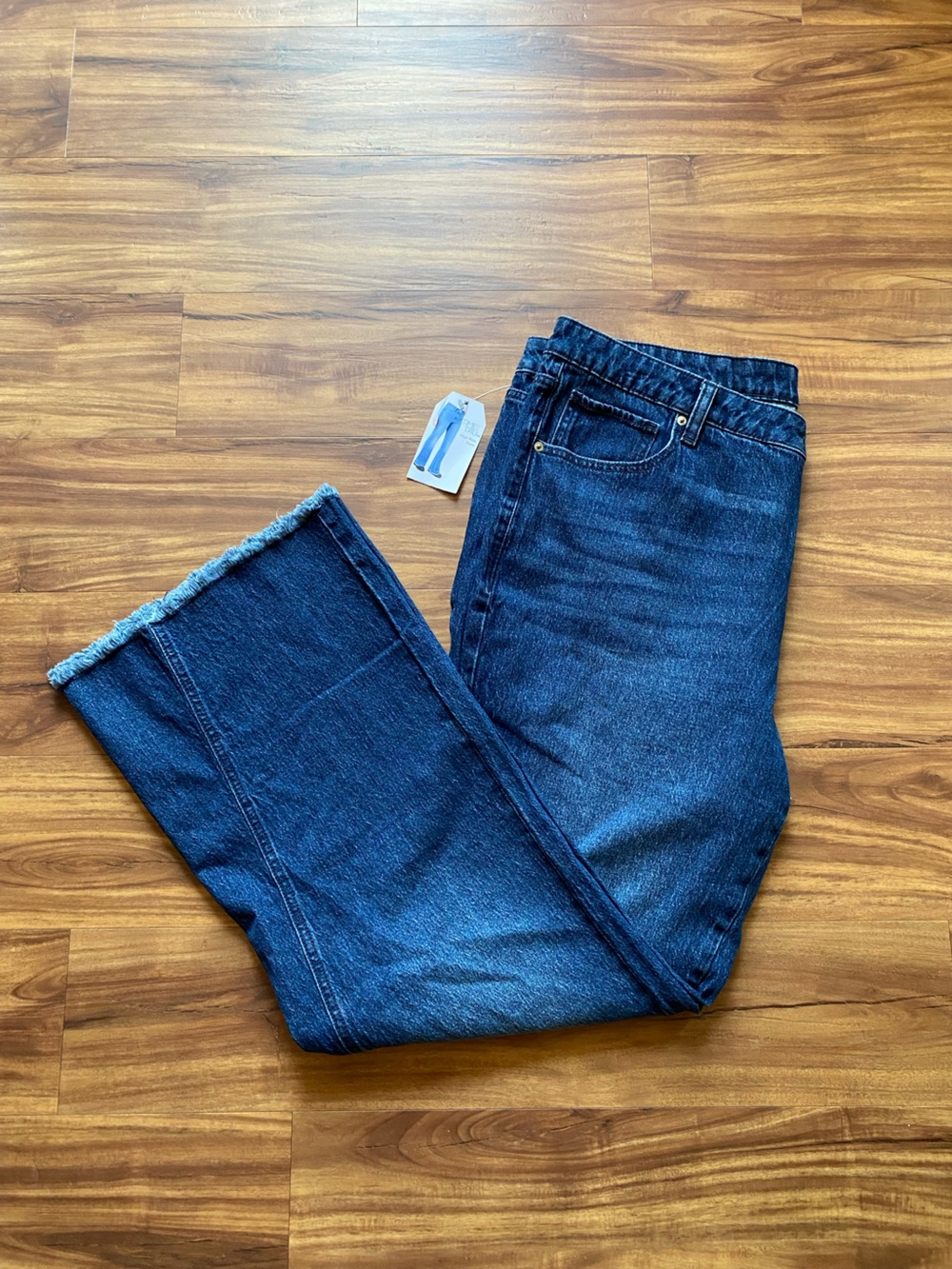 Time and Tru Dark Blue High Rise Flare Jeans with Frayed Hem